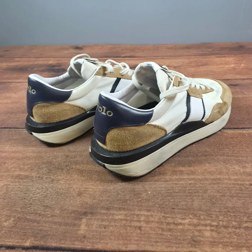 Polo Ralph Lauren Train 85 Sneaker Mens 11 Cream Tan Good Suede Nylon Runner
